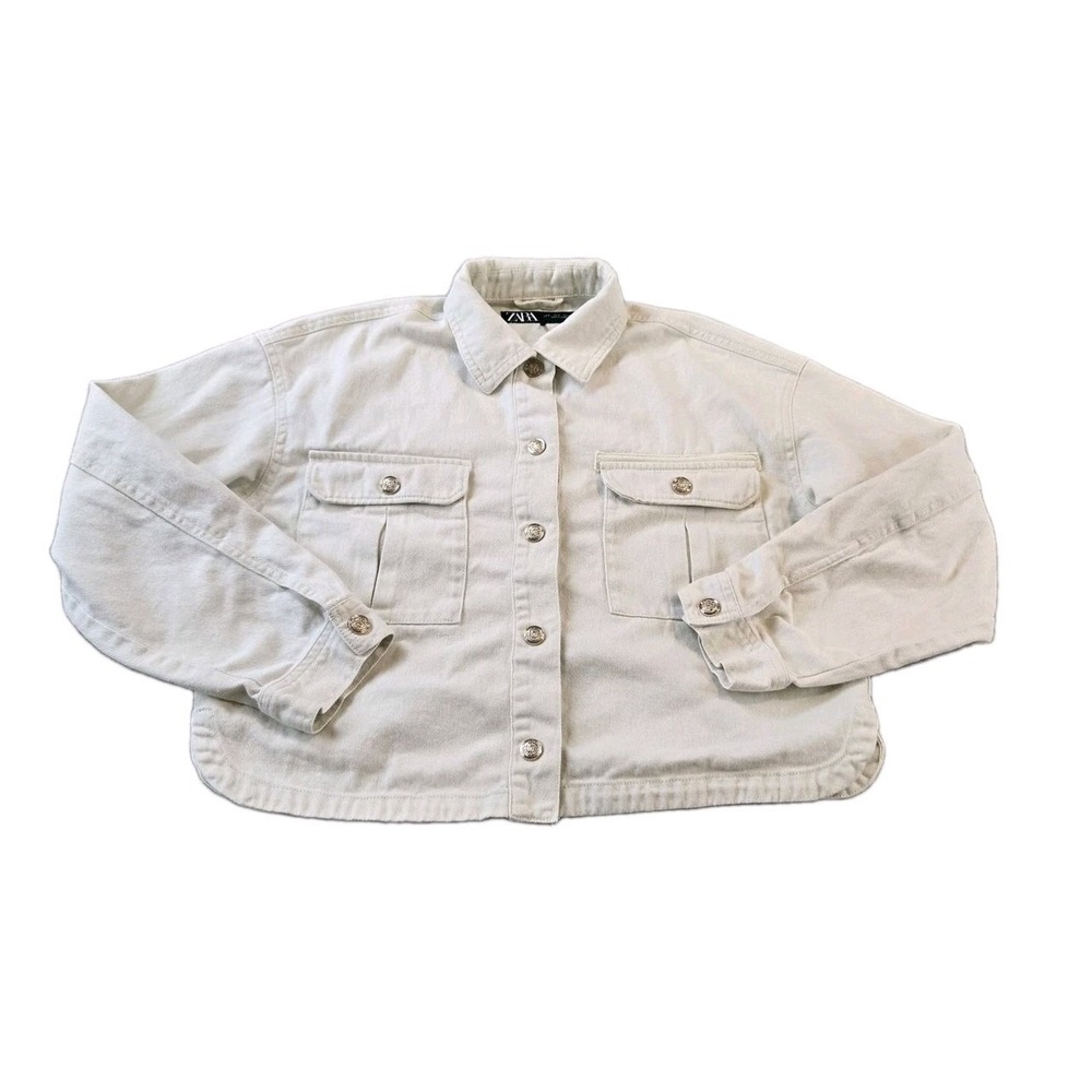 ZARA Women's Cropped Denim Jacket Button Up Long Sleeve Beige Cotton Size Small